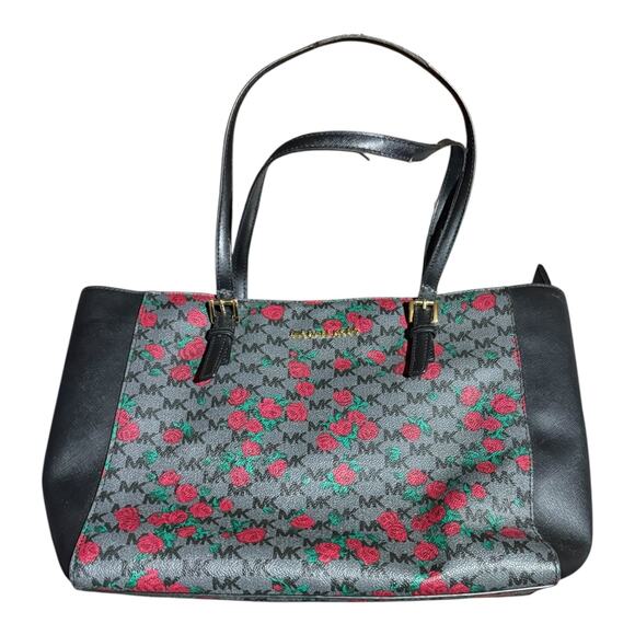 Michael Kors Handbags - Michael Kors Tote Bag Black Rose Floral MK Monogram Satchel Handbag Purse